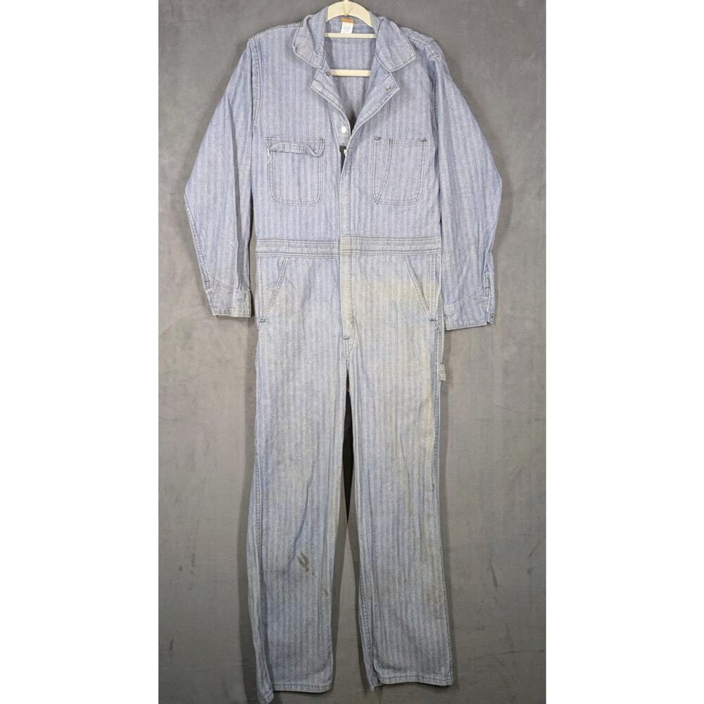 Big Ben by Wrangler Denim Coveralls Mens 38 Regular USA Distressed Striped Vtg